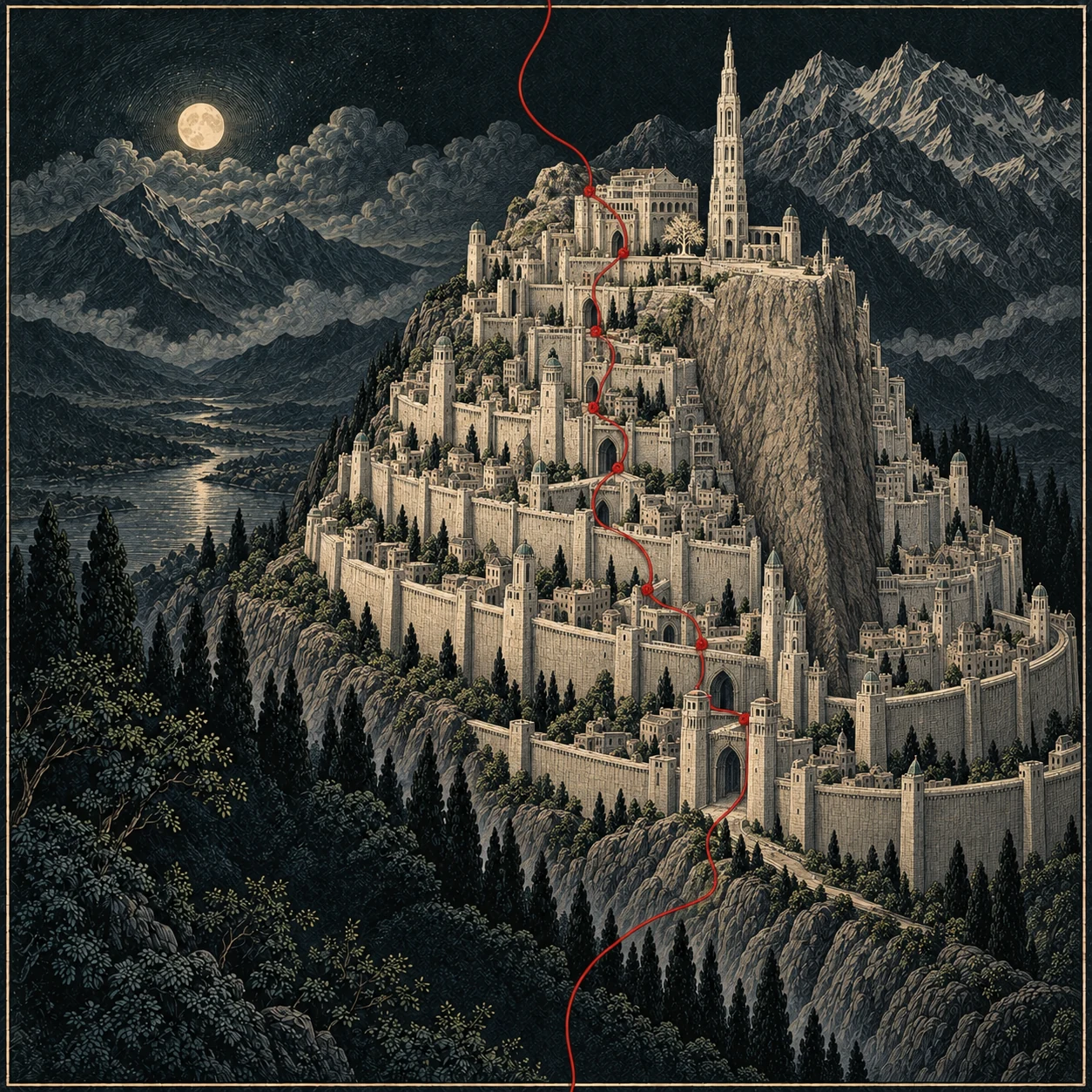 Minas Tirith i gravyrstil: en enorm klippe deler den hvite byen, med buede murringer på begge sider og et slankt hvitt tårn over citadellet. En rød tråd følger portene gjennom byen.
